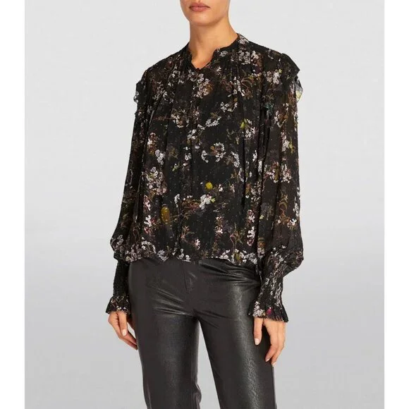 NWOT AllSaints women's Lara chiffon Shirt buttons closure Black Blouse Size 6 - Picture 1 of 14
